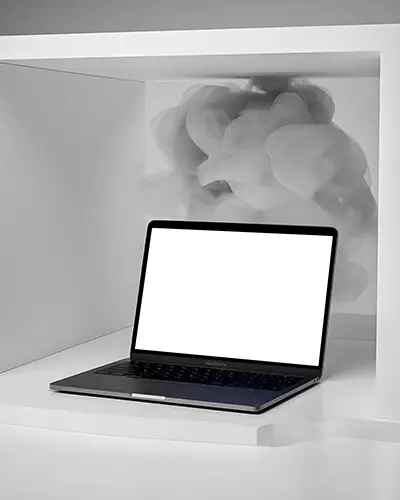 Macbook M1 Air Mockup In Clean White Shelf Scene With Abstract Dark Fog Background