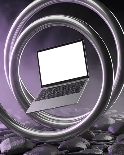Macbook M1 Pro Mockup Floating Inside Glowing Rings Above Stone Floor And Purple Fog