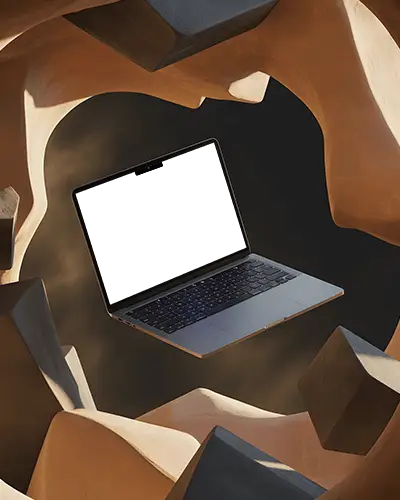 Macbook M2 Pro Mockup Floating Amid Organic Stone Forms In Earthy Sculptural Setting