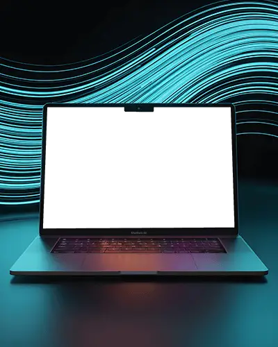 Macbook M2 Air Mockup Front View On Glowing Surface With Flowing Neon Cyan Light Trails