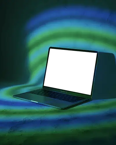 Macbook M1 Air Mockup On Textured Surface With Glowing Green And Blue Light Wave Patterns