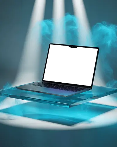 Macbook M4 Pro Mockup Floating On Glass Platform With Blue Fog And Spotlight Beams