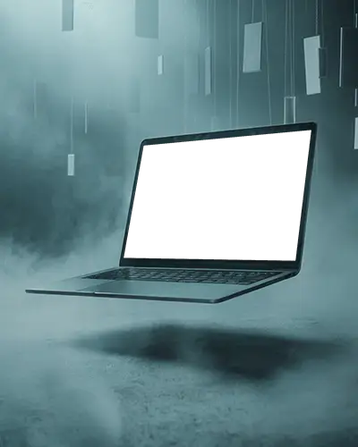 Macbook M1 Pro Mockup Floating In Misty Studio With Hanging Rectangles And Soft Fog