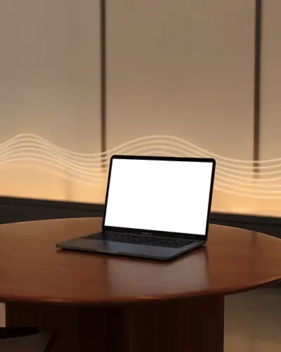 Macbook M1 Air Mockup On Wooden Round Table With Warm Lighting And Soft Wave Pattern