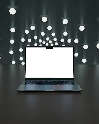 Macbook M4 Air Mockup On Dark Table With Symmetric Ceiling Lights In Modern Studio