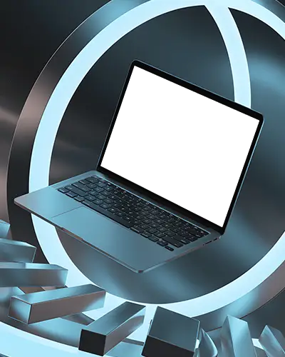 Macbook M1 Pro Mockup Floating In Metallic Ring Setup With Blue Neon And 3d Blocks