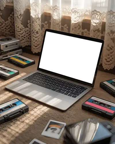 Macbook M1 Pro Mockup Surrounded By Retro Cassette Tapes And Polaroids On Textured Carpet