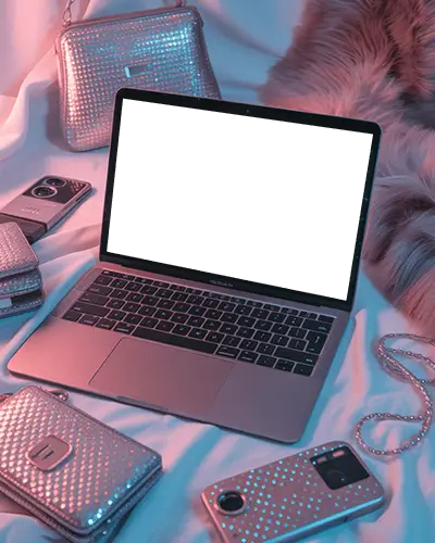 Fashion Glam Macbook Air M1 Mockup On Satin Surface With Sparkling Accessories And Pink Blue Lighting