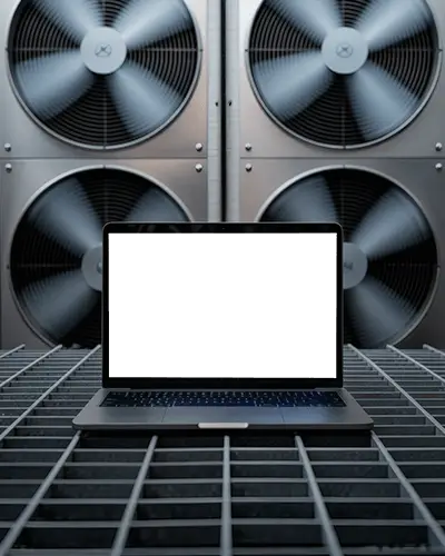 Industrial Zone Macbook Pro M1 Mockup On Metal Grate With Spinning Cooling Fans In Tech Backdrop