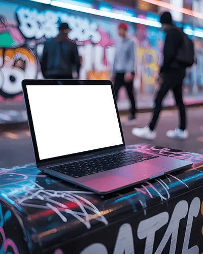 Neon Lit Street Macbook Air M1 Mockup On Graffiti Wall With People Walking In Background