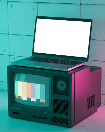 Neon Lit Macbook Air M1 Mockup Placed On Old Tv Set With Cyberpunk Retro Vibes