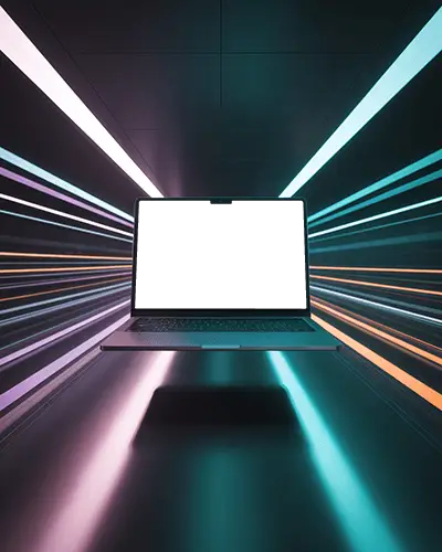 Floating Macbook M4 Pro Mockup In Futuristic Neon Tunnel With Glowing Light Streaks