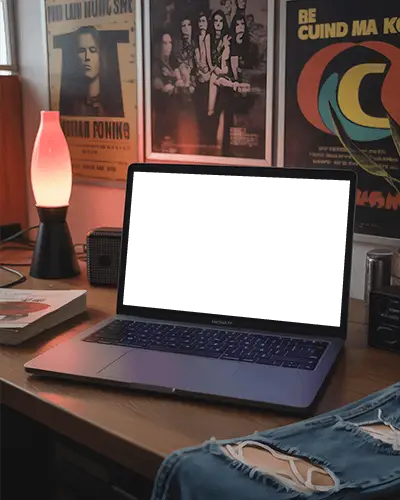 Vintage Room Macbook Air M1 Mockup On Wooden Desk With Lava Lamp And Old Band Posters