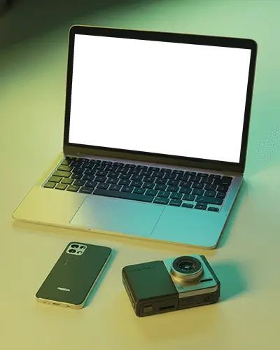 Creative Desk Macbook Pro M1 Mockup With Phone And Camera Under Neon Gradient Lighting