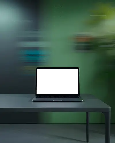 Macbook Pro M1 Mockup On Minimal Table With Motion Blur Background And Dual Tone Wall