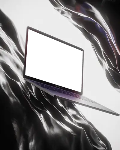 Floating Macbook Air M1 Mockup In Liquid Sculpted Scene With Abstract Black Silk Motion