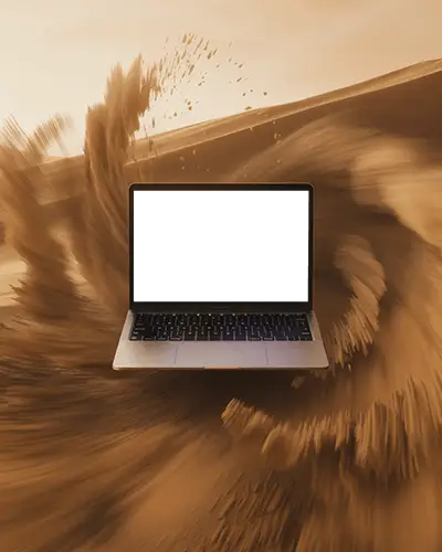 Dune Blast Macbook Pro M1 Mockup Hovering In Sandy Desert Scene With Motion Effect