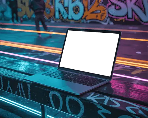 Vibrant Graffiti Macbook M1 Air Mockup On Urban Bench Street Style Scene