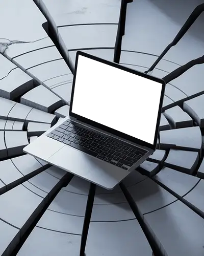 Broken Ground Macbook M1 Pro Mockup Amid Circular Fractures Modern Dramatic Style