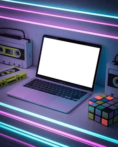 Retro Neon Macbook M1 Air Mockup With Cassette Tapes And Rubik Cube Lighted Backdrop