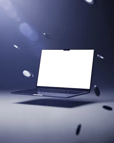 Macbook M4 Pro Mockup Suspended Amid Floating Discs In Dreamy Purple Studio Light