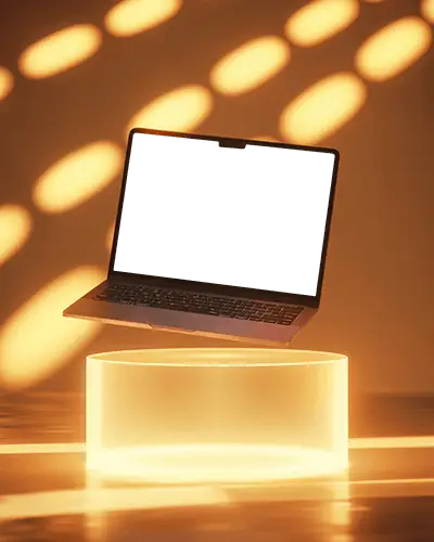 Macbook M2 Pro Mockup Floating Above Glowing Podium In Warm Golden Ambient Light