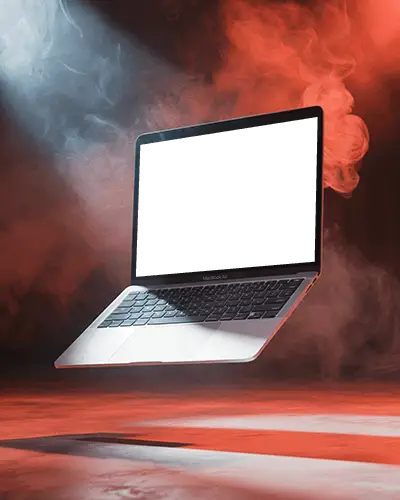 Macbook M1 Air Mockup Floating In Smoky Red And White Spotlight Dramatic Light Scene