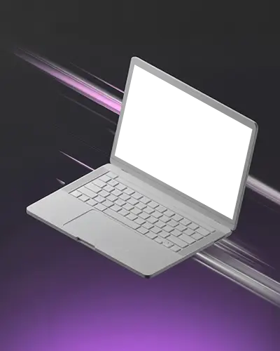 Floating Clay Macbook M1 Pro Mockup Against Glowing Purple Speed Light Trails