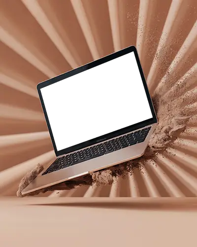 Macbook M1 Air Mockup Breaking Through Dust In Kinetic Motion Sandy Background