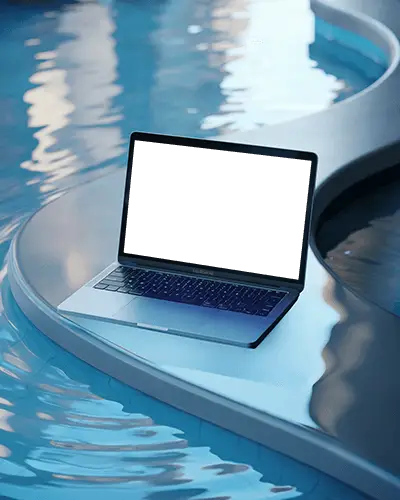 Macbook M1 Air Mockup On Curved Pool Edge With Clear Blue Water And Soft Reflections