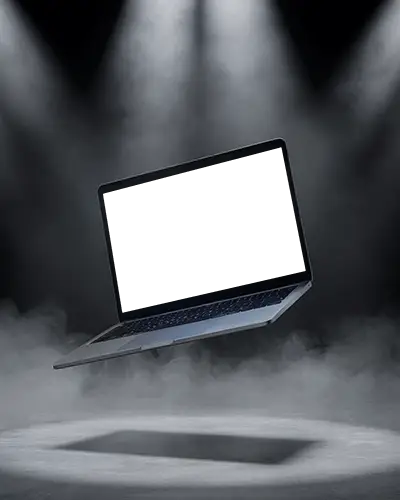 Macbook M1 Pro Mockup Floating In Theatrical Spotlight With Dark Smoke And Shadow