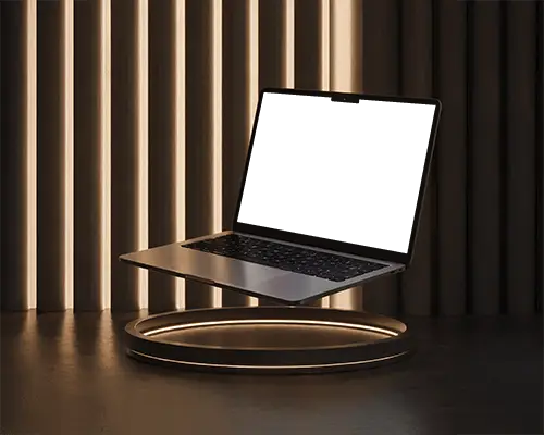 Macbook M4 Air Mockup Floating Above Lit Ring Platform With Warm Vertical Light Bars
