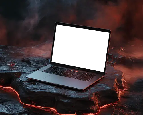 Volcanic Scene Macbook M1 Air Mockup Placed On Charred Lava Slab With Red Glow