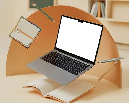 Macbook M3 Pro Mockup Floating Above Open Book With Pencils And Notebooks In Air