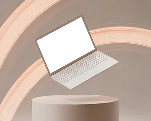 Clay Style Macbook M1 Pro Mockup Floating Above Pedestal With Smooth Light Trails