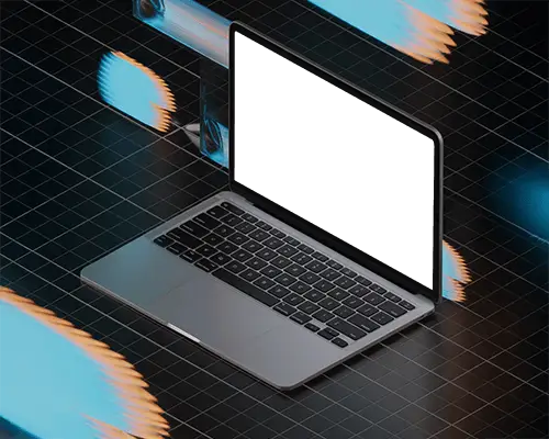 Macbook M1 Pro Mockup On Digital Grid Surface With Blue Motion Blurs And Reflections