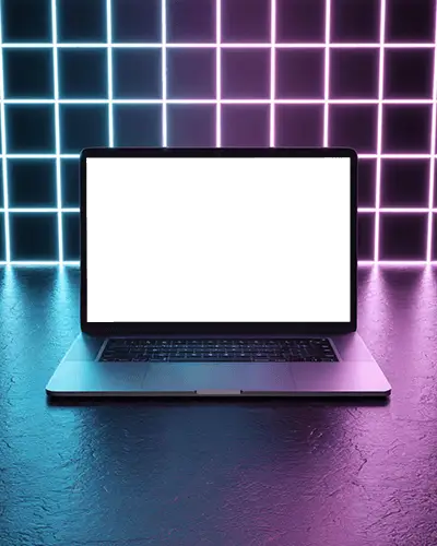 Neon Glow Macbook M1 Pro Mockup Placed In Front Of Lit Retro Grid Studio Wall