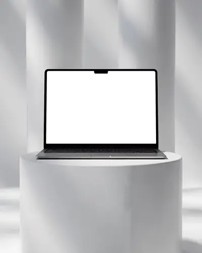 Minimal Scene Macbook M3 Air Mockup Centered On Round Platform In White Interior