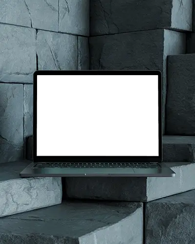 Macbook M1 Pro Mockup On Dark Stone Blocks With Geometric Stack And Moody Lighting