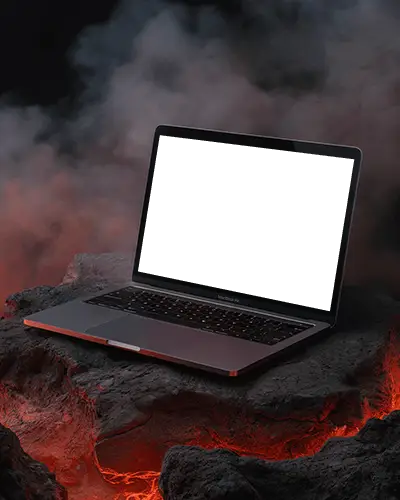 Molten Scene Macbook M1 Air Mockup Set On Dark Stone With Embers And Fiery Cracks