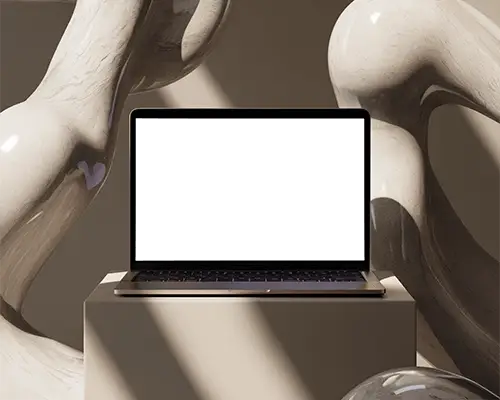 Modern Art Macbook M1 Pro Mockup Set Against Abstract Shapes In Neutral Studio