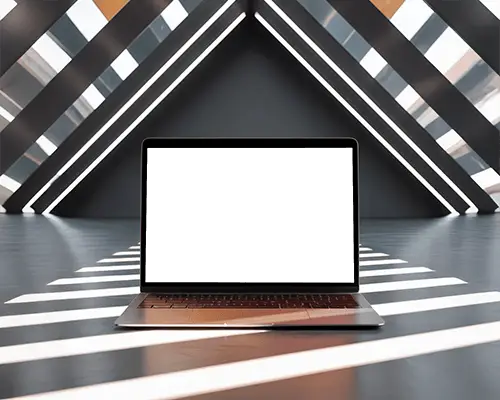 Macbook M1 Pro Mockup Centered In Angled Light Tunnel With Bold Shadow Pattern