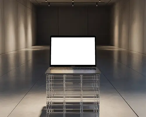 Macbook M1 Air Mockup On Transparent Pedestal In Minimal Gallery With Spotlight Grid