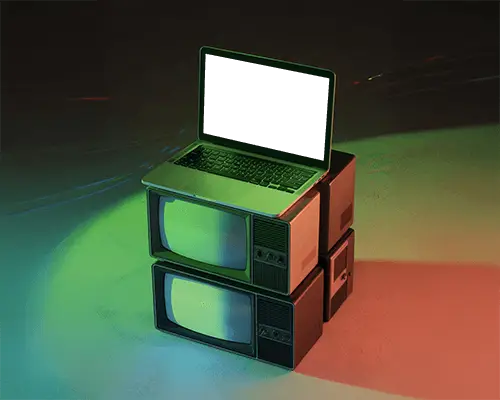 Nostalgic Display Macbook M1 Pro Mockup Staged On Vintage Screens Under Glow