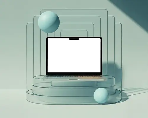 Macbook M4 Air Mockup On Clear Platform With Glass Frames And Floating Blue Spheres