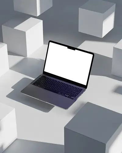 Geometric Scene Macbook M4 Pro Mockup Suspended With Cubes And Angled Lighting