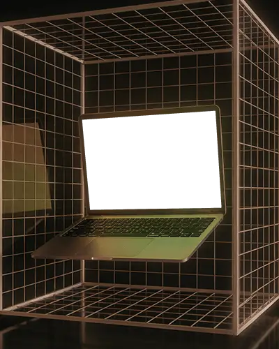 Macbook M1 Pro Mockup Floating In 3d Wireframe Cube With Dark Background And Glow