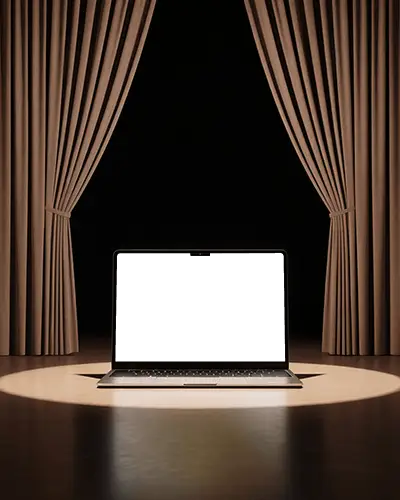 Macbook M3 Pro Mockup On Spotlit Stage With Draped Curtains In Dark Theater Scene