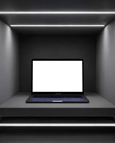 Macbook M1 Air Mockup On Dark Shelf With Top And Bottom Led Strips In Minimal Box