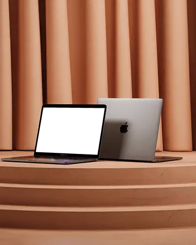 Front And Back Macbook M1 Air Mockup On Stepped Podium In Soft Draped Setting